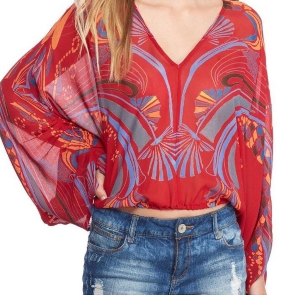Free People Red Graphic Crop Blouse